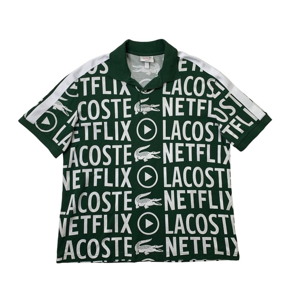 Lacoste x Netflix Shirt Mens 5 Forest Green Loose Fit Organic Cotton AOP Polo
